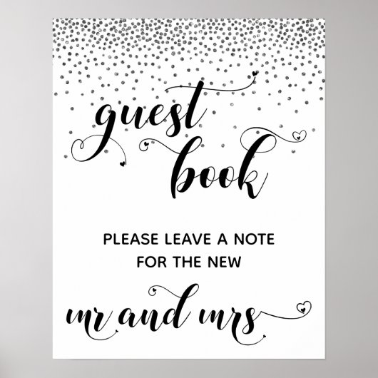 Silver Confetti Hearts Guest Book Reception Sign Poster (Voorkant)