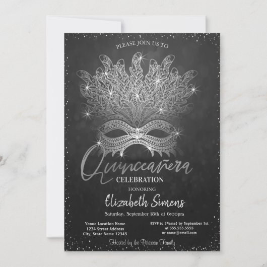 Silver Confetti Masque Dark Quinceañera Kaart (Voorkant)