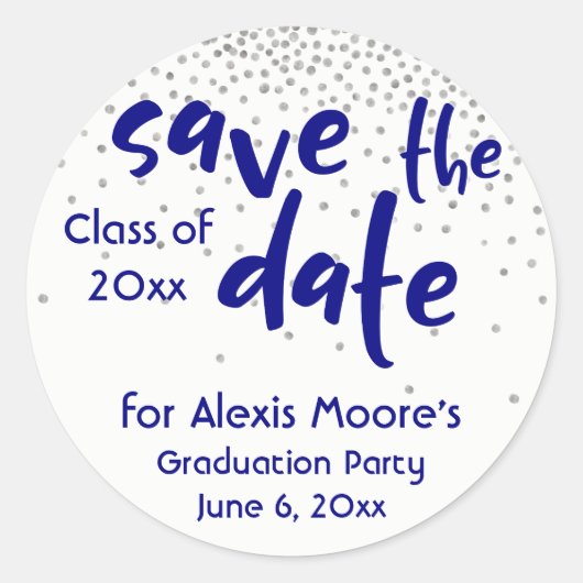Silver Confetti met Navy: Modern "Save the Date" Ronde Sticker (Voorkant)