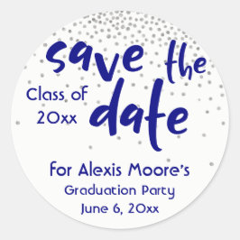 Silver Confetti met Navy: Modern "Save the Date" Ronde Sticker