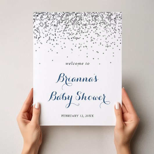 Silver Confetti Minimalist Baby shower Welkom Poster