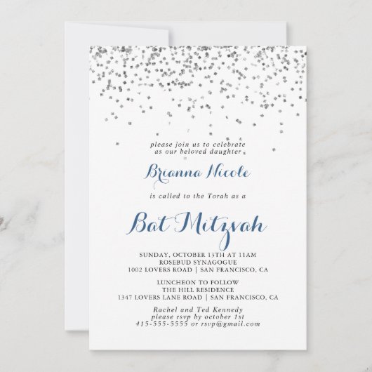 Silver Confetti Minimalist Bat Mitzvah Kaart (Voorkant)