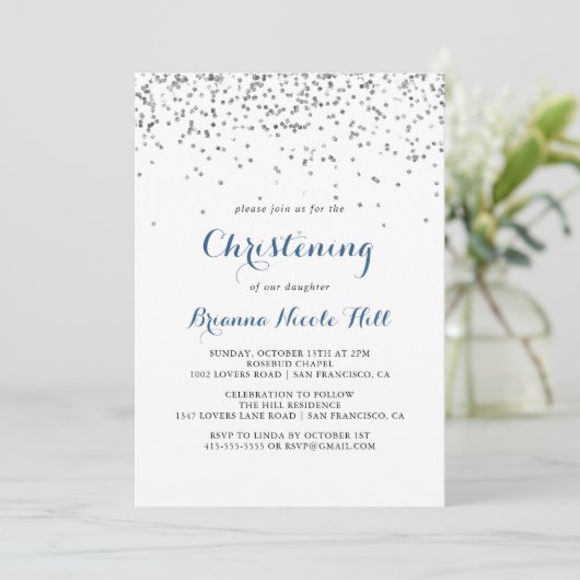 Silver Confetti Minimalist Christening Kaart (Staand voorkant)