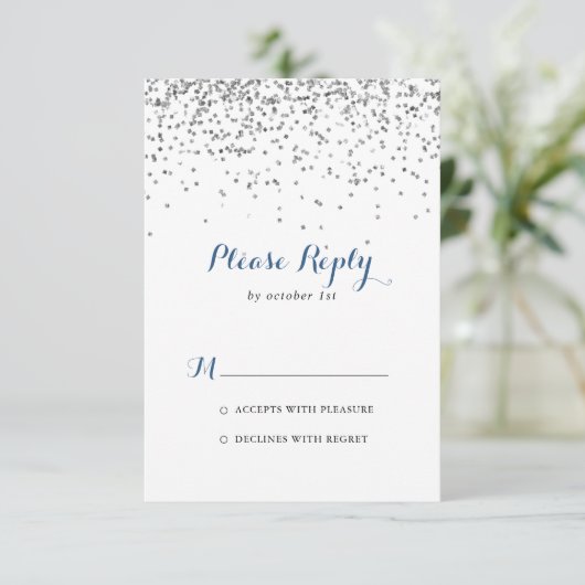 Silver Confetti Minimalistische RSVP (Staand voorkant)