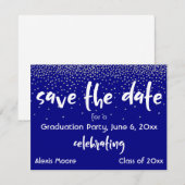 Silver Confetti Navy Afstudeerfeest Opslagdatum Aankondiging (Voorkant / Achterkant)