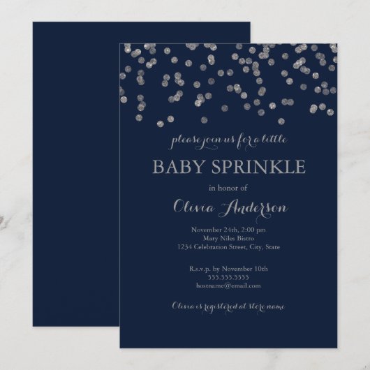 Silver Confetti Navy Baby Sprinkle Invitation Kaart (Voorkant / Achterkant)