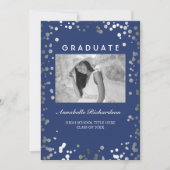 Silver Confetti Navy Blue Elegant Foto Afstuderen Kaart (Voorkant)