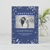 Silver Confetti Navy Blue Elegant Foto Afstuderen Kaart (Staand voorkant)