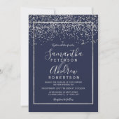 Silver confetti navy blue typografie bruiloft kaart (Voorkant)