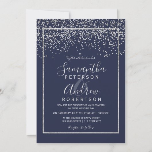 Silver confetti navy blue typografie bruiloft kaart (Voorkant)