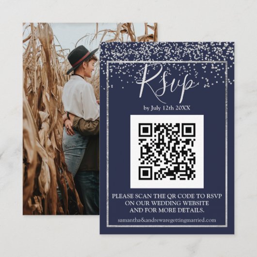 Silver confetti navy blue typografie qr code rsvp (Voorkant / Achterkant)
