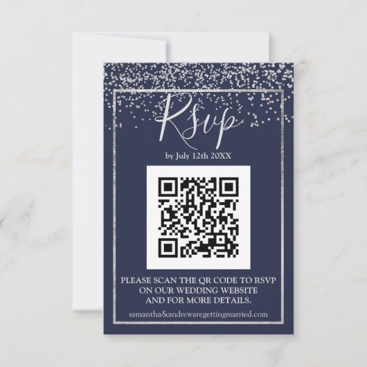 Silver confetti navy blue typografie qr code rsvp kaartje (Voorkant)