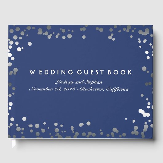 Silver Confetti Navy Elegant Bruiloft Gastenboek (Voorkant)