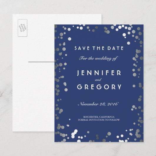 Silver Confetti Navy Elegant Save the Date Aankondigingskaart (Voorkant / Achterkant)
