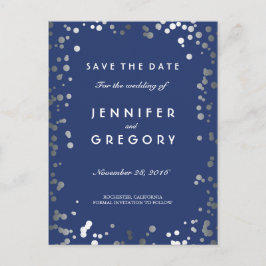 Silver Confetti Navy Elegant Save the Date Aankondigingskaart