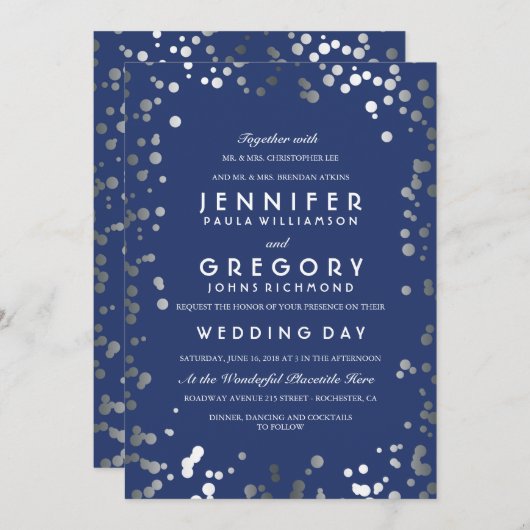 Silver Confetti Navy Modern en Elegant Wedding Kaart (Voorkant / Achterkant)