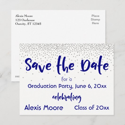 Silver Confetti Navy Save the Date Afstuderen Date Aankondigingskaart (Voorkant / Achterkant)
