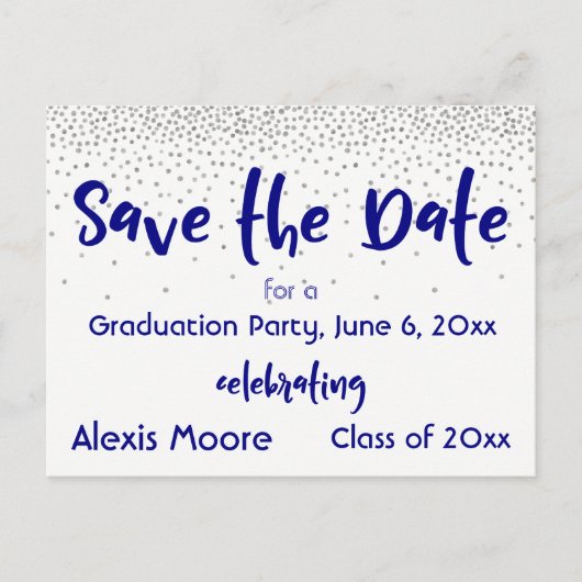 Silver Confetti Navy Save the Date Afstuderen Date Aankondigingskaart (Voorkant)