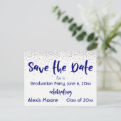 Silver Confetti Navy Save the Date Afstuderen Date Aankondigingskaart (Staand voorkant)