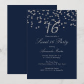 Silver Confetti Navy Sweet Sixteen Invitation Kaart (Voorkant / Achterkant)