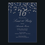 Silver Confetti Navy Sweet Sixteen Invitation Kaart<br><div class="desc">Meer  Sweet 16-uitvindingen in de Little Bayleigh Store!</div>