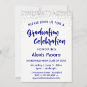 Silver Confetti & Navy Typografie Afstudeerfeest Kaart (Voorkant)