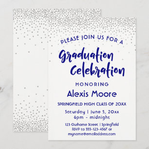 Silver Confetti & Navy Typografie Afstudeerfeest Kaart