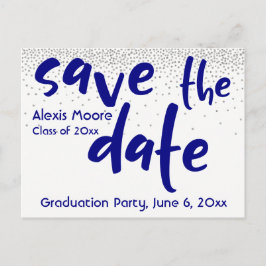 Silver Confetti Navy Typografie Save the Date 1 Aankondigingskaart