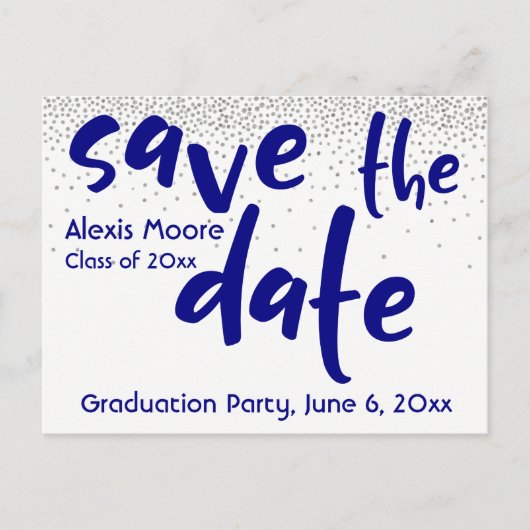 Silver Confetti Navy Typografie Save the Date 1 Aankondigingskaart (Voorkant)