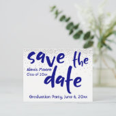 Silver Confetti Navy Typografie Save the Date 1 Aankondigingskaart (Staand voorkant)