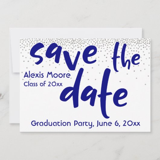 Silver Confetti Navy Typografie Save the Date 1b Kaart (Voorkant)