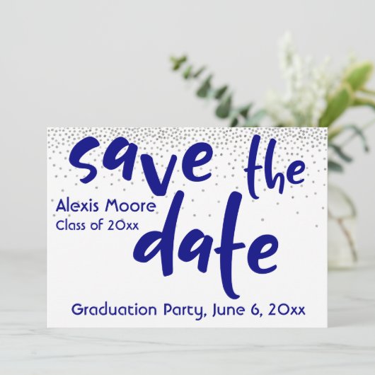 Silver Confetti Navy Typografie Save the Date 1b Kaart (Staand voorkant)