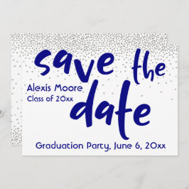 Silver Confetti Navy Typografie Save the Date 1b Kaart