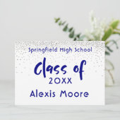 Silver Confetti, Navy Typography Afstudeerder Aank Aankondiging (Staand voorkant)