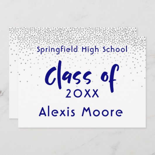 Silver Confetti, Navy Typography Afstudeerder Aank Aankondiging (Voorkant / Achterkant)