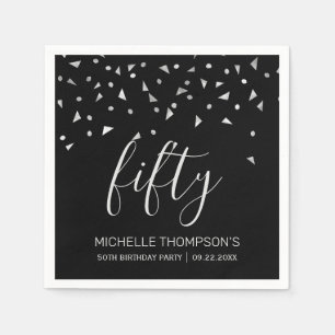 Silver Confetti op Black 50th Birthday Party Servet