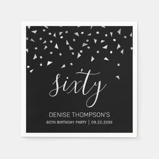 Silver Confetti op Black 60th Birthday Party Servet (Voorkant)