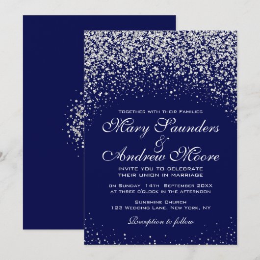Silver Confetti op Royal Blue Invitation Kaart (Voorkant / Achterkant)
