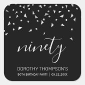 Silver Confetti op zwarte 90th Birthday Vierkante Sticker (Voorkant)