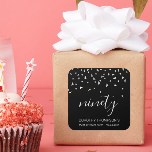 Silver Confetti op zwarte 90th Birthday Vierkante Sticker (Feest)
