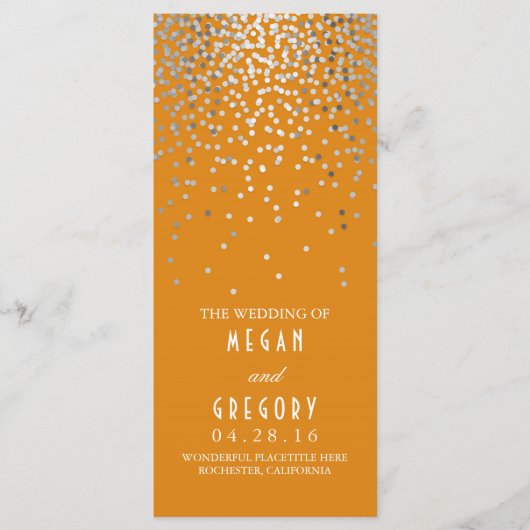 Silver Confetti Oranje Elegant Wedding Programma Programmakaart (Voorkant)