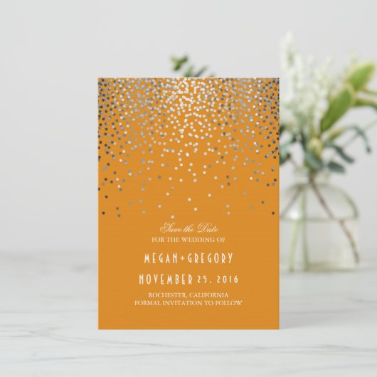 Silver Confetti Oranje Herfst Save the Date (Staand voorkant)