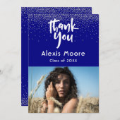 Silver Confetti Over Navy Foto Afstudeerder 3 Dank Aankondiging (Voorkant / Achterkant)