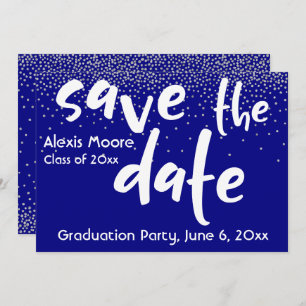 Silver Confetti Over Navy, Modern Save the Date 1b Kaart