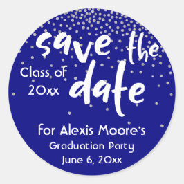 Silver Confetti Over Navy, Modern Save the Date Ronde Sticker