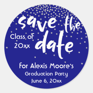 Silver Confetti Over Navy, Modern Save the Date Ronde Sticker