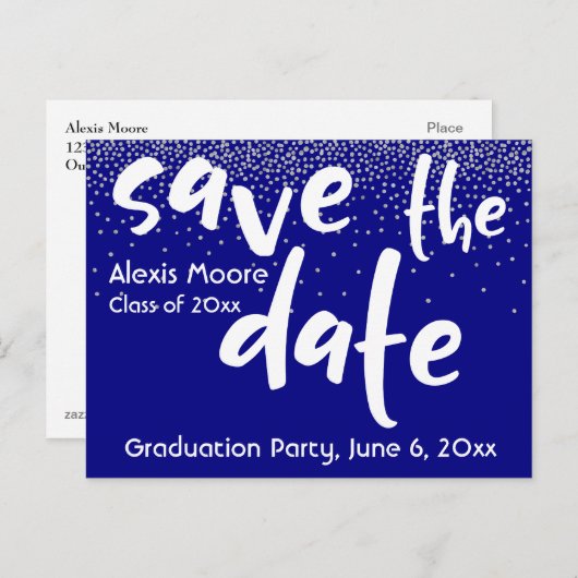 Silver Confetti Over Navy, Save the Date 1 Aankondigingskaart (Voorkant / Achterkant)