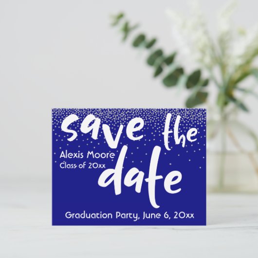 Silver Confetti Over Navy, Save the Date 1 Aankondigingskaart (Staand voorkant)