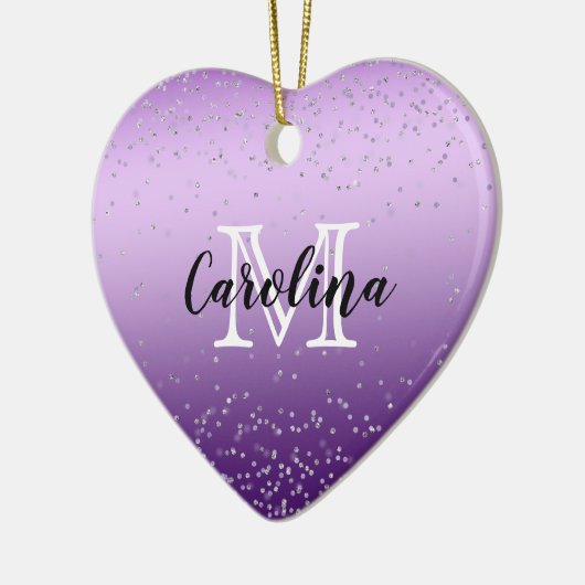 Silver Confetti Paars Ombre monogram Keramisch Ornament (Links)