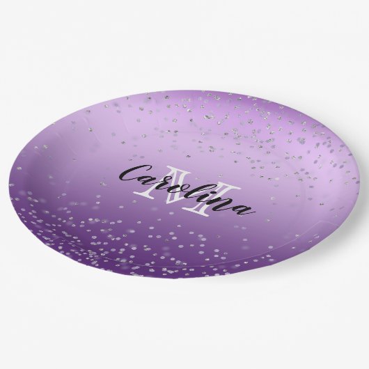 Silver Confetti Paars Ombre monogram Papieren Bordje (Gekanteld)